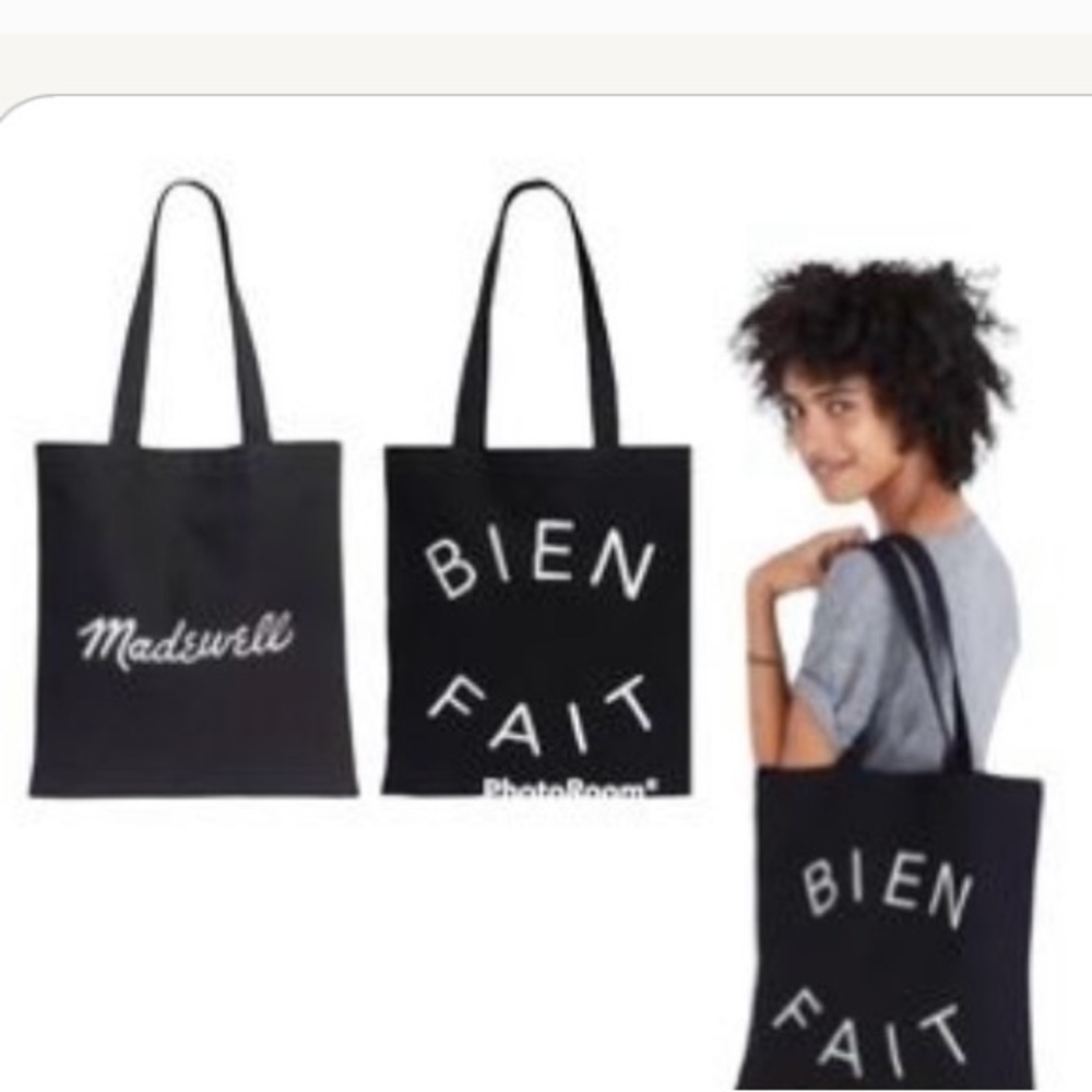 Madewell Bien Fait Black Canvas Reversible Tote Bag Logo Shopper